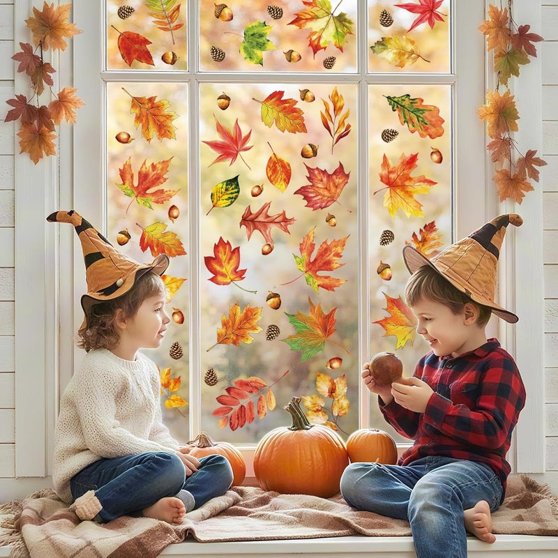 Litmitfu 112 Pcs Fall Thanksgiving Window Clings - Happy Thanksgiving Glass Window Decorations, Fall Maple Leaves Stickers Decals Set for Indoor Outdoor Home Decoration Autumn Party Decor Favors, 9 Sheets - Image 2